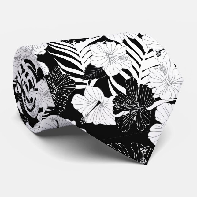 Corbata Hibiscus Flowers Black White Hawaii Boda (Enrollado)