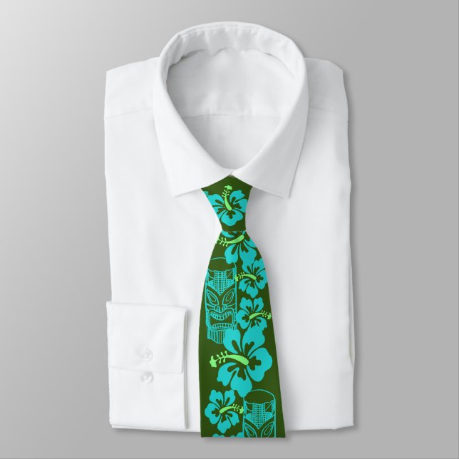 Corbata Hibiscus hawaiano y Tiki "Pono vivo" retro verde (Atado)