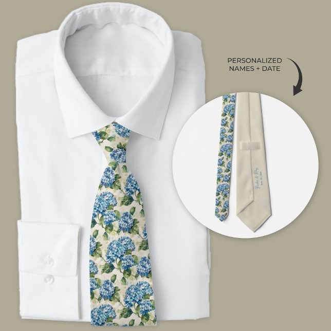 Corbata Hidrangea azul acuarela personalizada (Blue hydrangea wedding necktie)