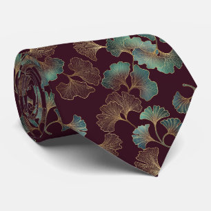 Corbata Hoja de Ginkgo elegante en Burdeos y Turquesa