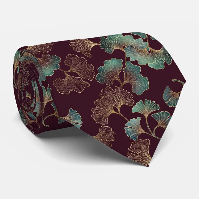 Corbata Hoja de Ginkgo elegante en Burdeos y Turquesa (Enrollado)