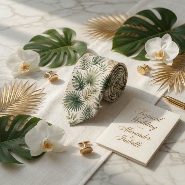 Corbata Hoja de Palma Acuarela Verde Oro Tropical de Lujo (Subido por el creador)