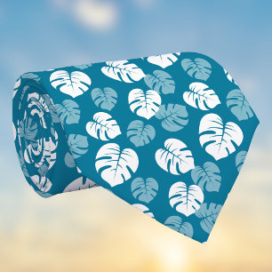 Corbata Hoja Tropical de Monstera Verde Azul Blanco Floral