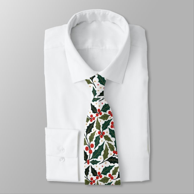 Corbata Hojas de Acebo y Estrellas Fondo Retro Moderno (Atado)