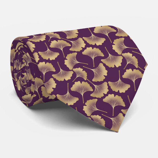 Corbata Hojas de Ginkgo doradas de lujo sobre fondo púrpur (Enrollado)