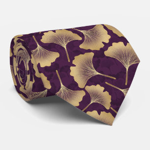 Corbata Hojas de Ginkgo doradas de lujo sobre fondo púrpur