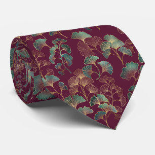 Corbata Hojas de Ginkgo en Verde Azul y Dorado sobre Burde