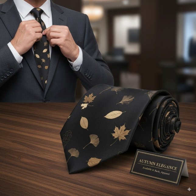 Corbata Hojas de otoño doradas elegantes tema negro (Subido por el creador)