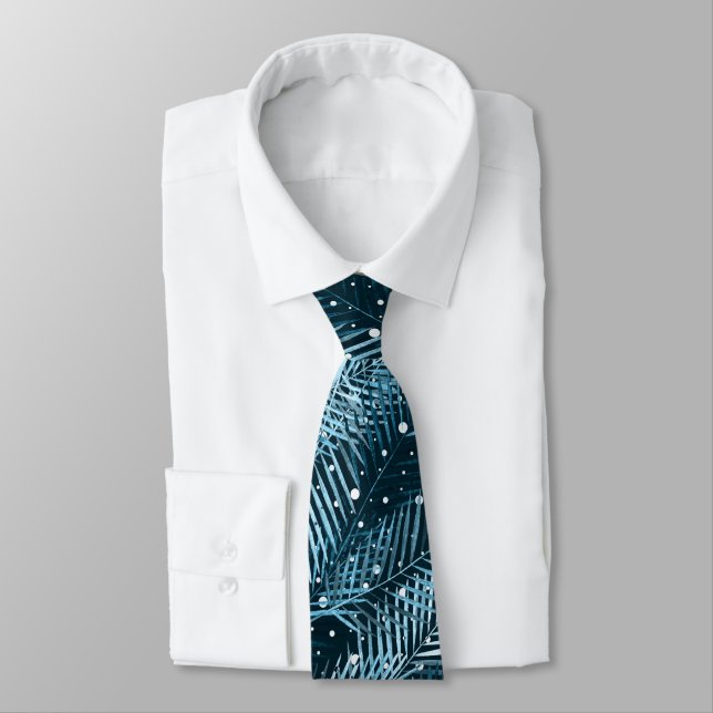 Corbata Hojas de palma en azul con puntos de polka blanco. (Atado)