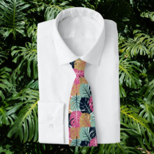 Corbata Hojas tropicales de palmera en rosa y azul   Botán