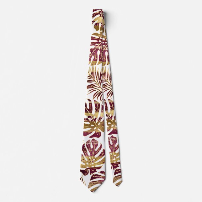Corbata Hojas tropicales estampadas de burdeos y oro (Anverso)