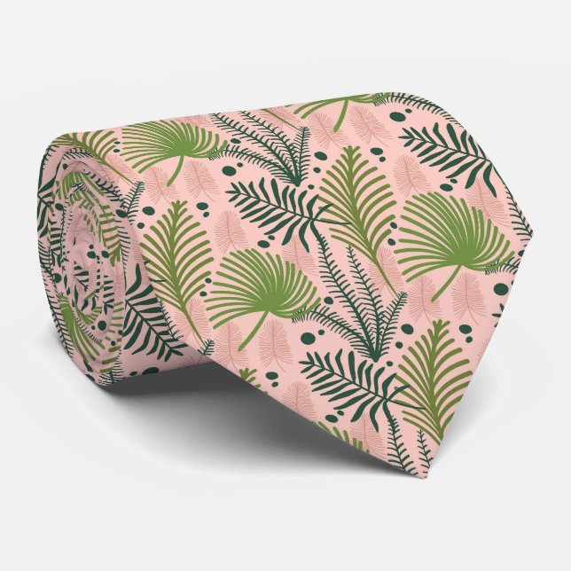 Corbata Hojas tropicales rosas con luz y verde oscuro (Enrollado)