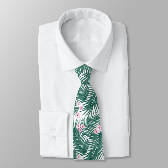Corbata Hojas tropicales verdes con flores de hibiscus (Atado)