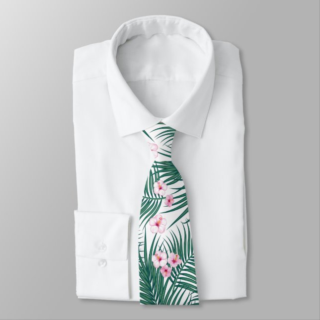 Corbata Hojas tropicales verdes con flores de hibiscus (Atado)