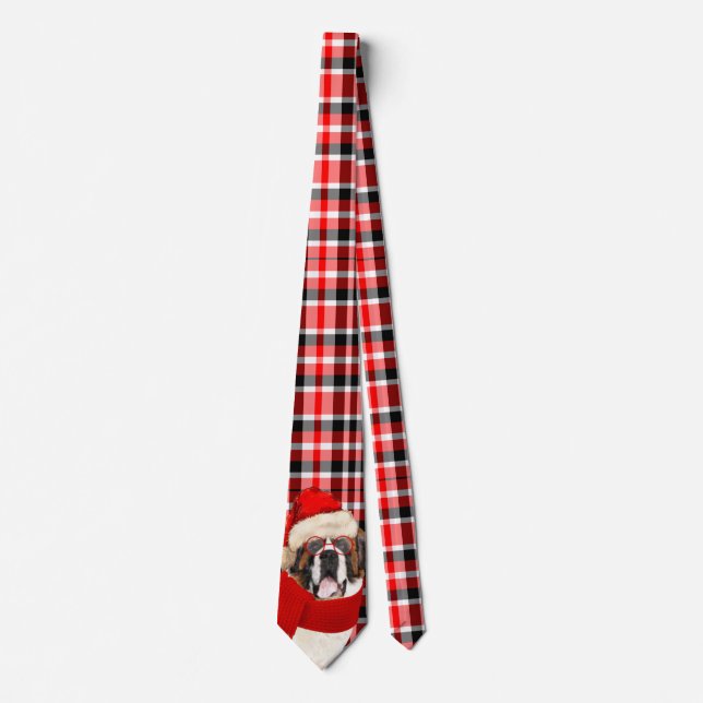 Corbata Holiday Saint Bernard Dog Red Plaid Navidades (Anverso)