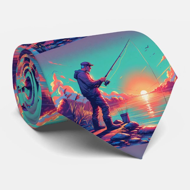 Corbata Hombre pescando con fondo de puesta de sol (Enrollado)