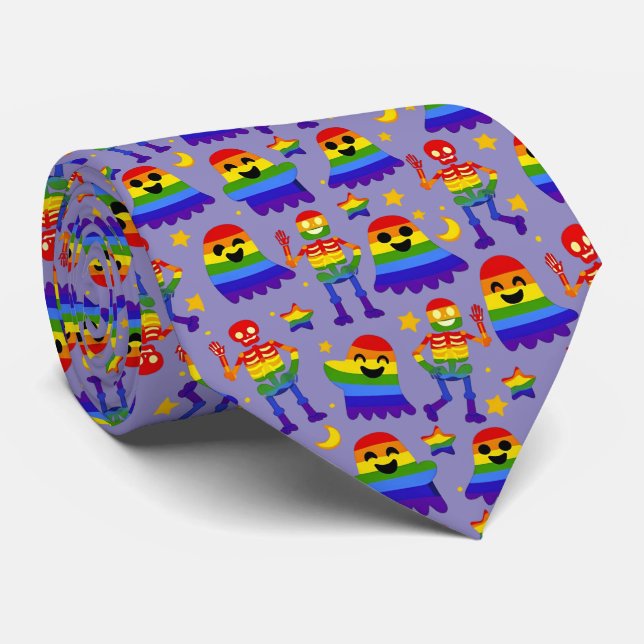 Corbata 🦇🌈 Huesos y Estrellas de Arcoíris  (Enrollado)