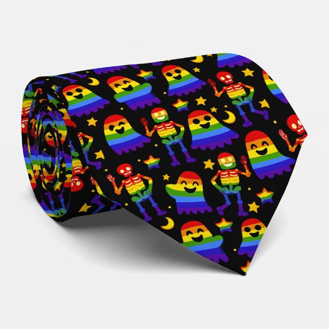 Corbata 🦇🌈 Huesos y Estrellas de Arcoíris  (Enrollado)