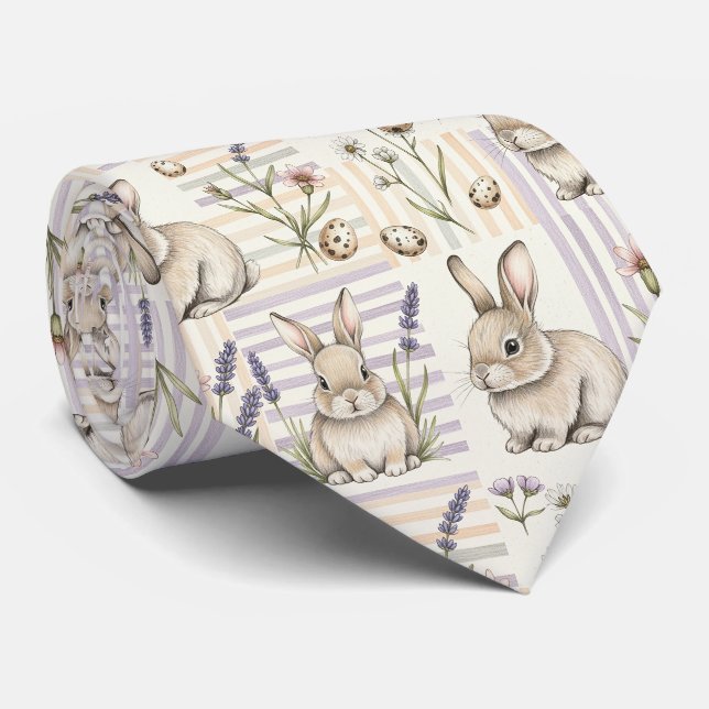 Corbata Huevo floral de lavanda con conejo de primavera (Enrollado)