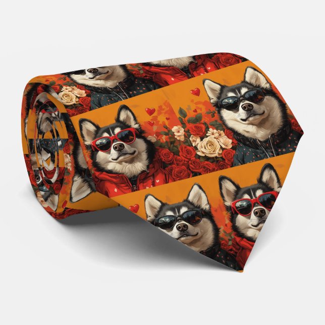 Corbata Husky Siberiano con Rosas del Corazón Día de San V (Enrollado)