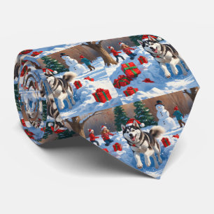 Corbata Husky Siberiano Corriendo en la Nieve con Sombrero