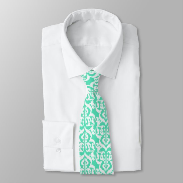 Corbata Ikat Moorish Damask - aqua y blanco (Atado)
