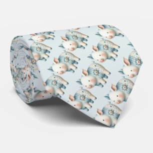 Corbata Ilustración Cottagecore de Cerdo con Parche Azul