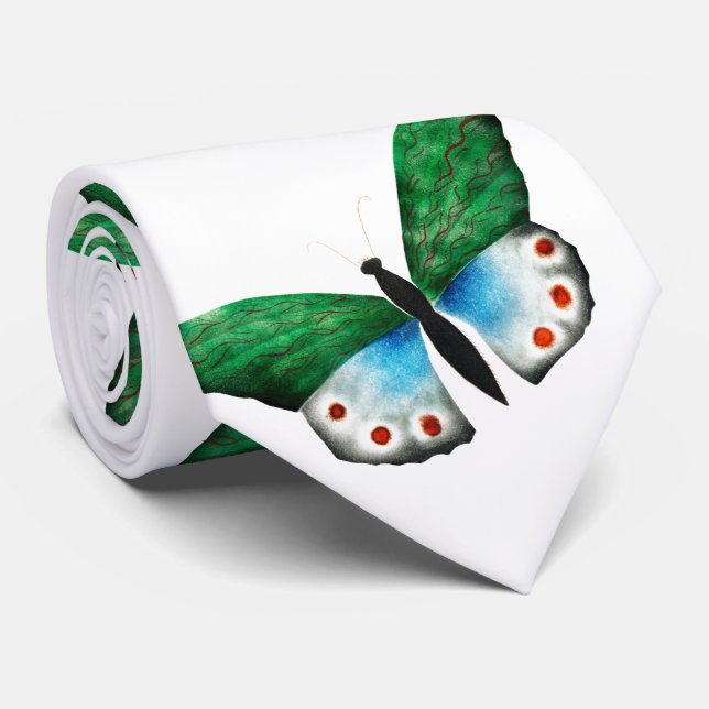 Corbata Ilustracion de mariposa verde azul (Enrollado)