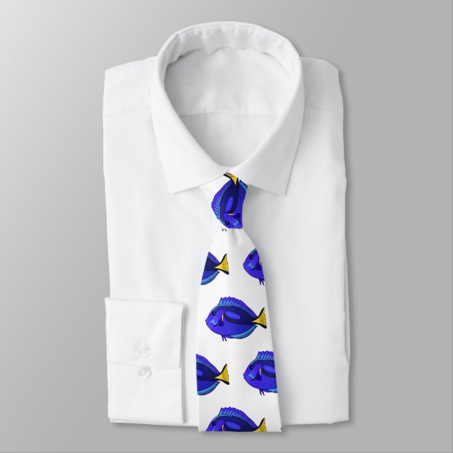 Corbata Ilustracion personalizado de pescado tang azul (Atado)