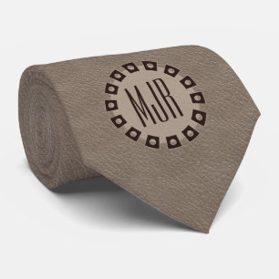 Corbata Impresión de cuero marrón y marrón con monograma
