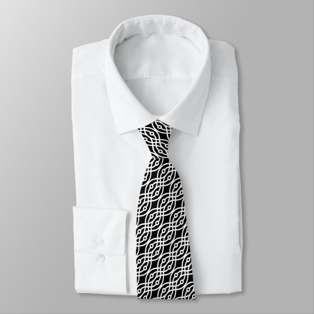 Corbata Impresión del kimono, blanca en negro (Atado)