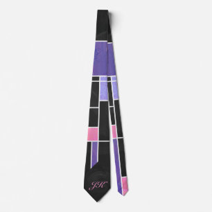 Corbata Impresión negra mondriana morada rosada