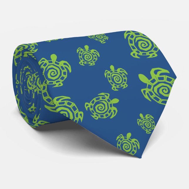 Corbata Impresión verde y azul de tortuga (Enrollado)