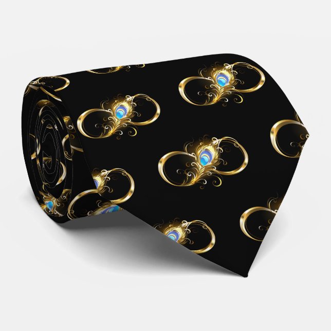 Corbata Infinito con la pluma de pavo real dorado (Enrollado)