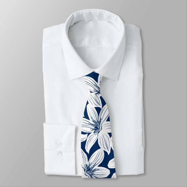 Corbata Inhibiscos tropicales blancos y marinos (Atado)