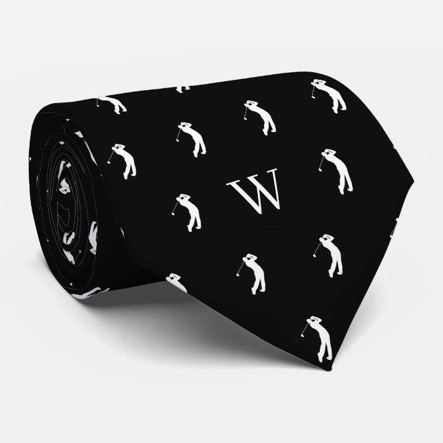Corbata Iniciales Monogramadas de Swing de Golf Negro y Bl (Enrollado)