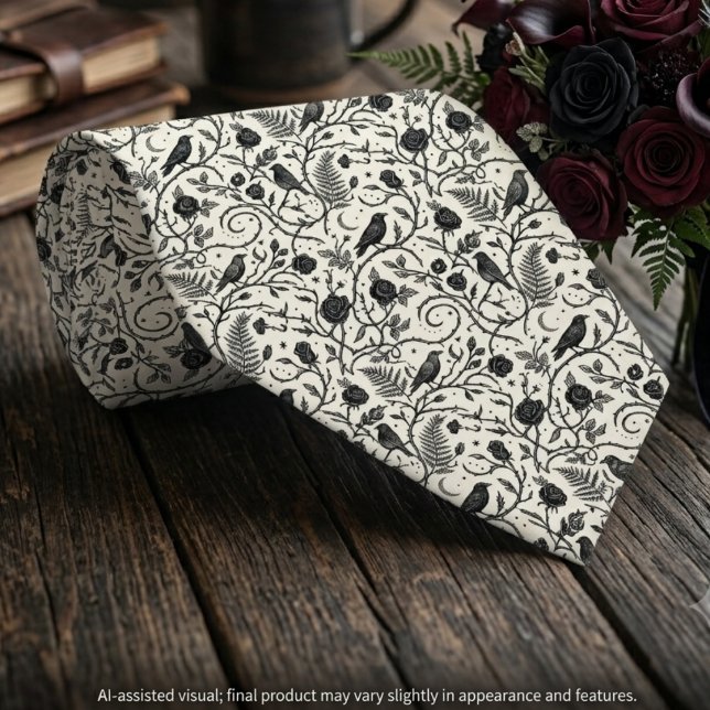 Corbata Ivory Black Gothic Raven Wedding Attire (Rolled ivory raven tie with a gothic wedding bouquet for an alternative groom's moody nuptials.)