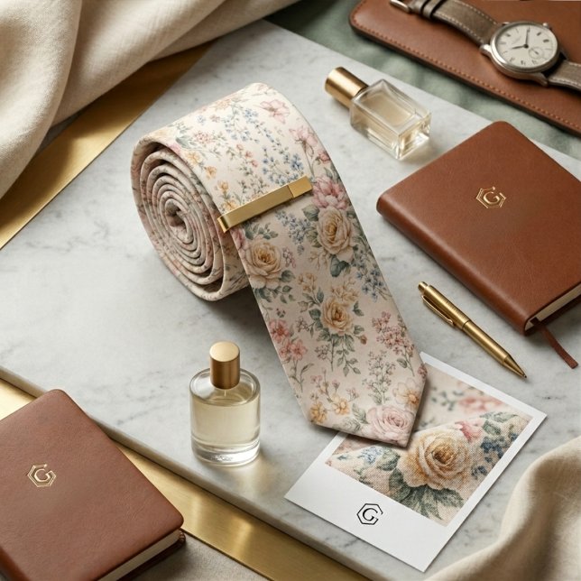 Corbata Ivory Rose & Wildflower  Soft Vintage Floral (Subido por el creador)