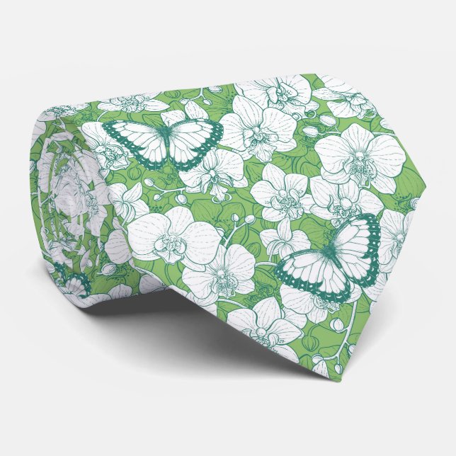 Corbata Jardín Botánico de Orquídeas con Mariposas en verd (Enrollado)