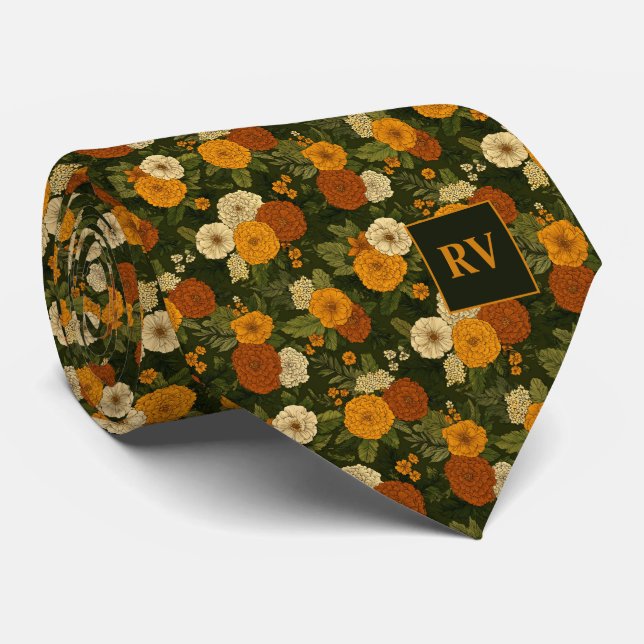 Corbata Jardín de Flores de Marigold Otoñal Monogramado (Enrollado)