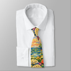 Corbata Jardín de puesta de sol oceánico floral vibrante –