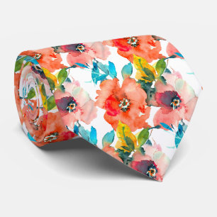 Corbata Jardín de rosas acuarela Coral Naranja Follaje Aqu