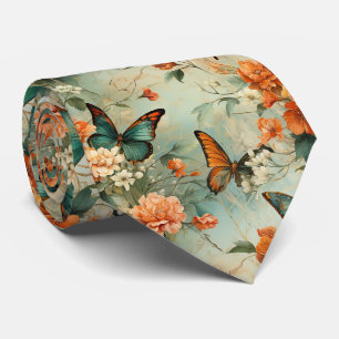 Corbata Jardín Floral Mariposa Verde Azulada Vintage