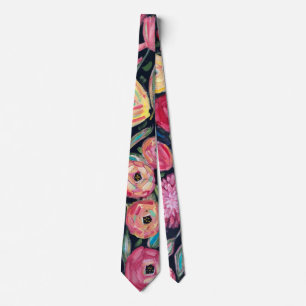 Corbata Jardín floral rosa colorido y atrevido sobre negro