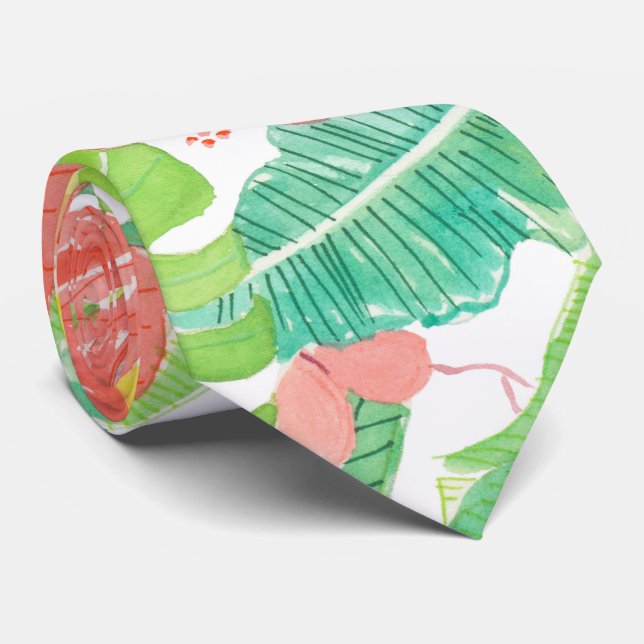 Corbata Jardín tropical, plumeria de hibiscos y hojas de p (Enrollado)