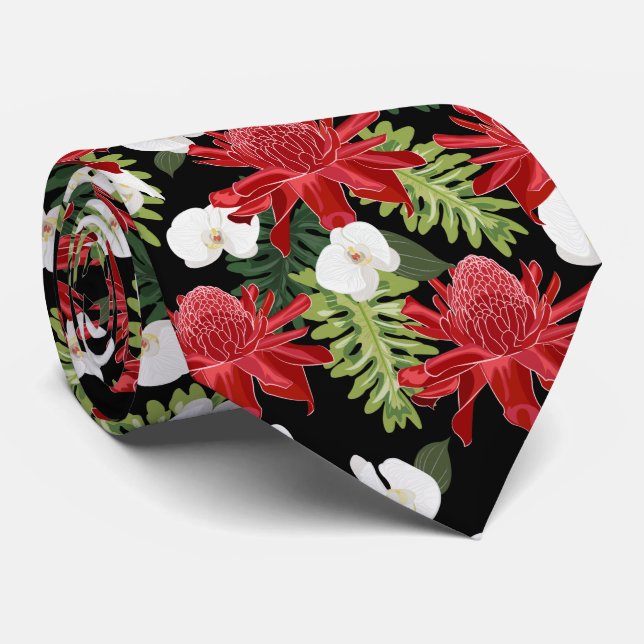 Corbata Jengibre Rojo Orquídeas Tropicales Negro (Enrollado)