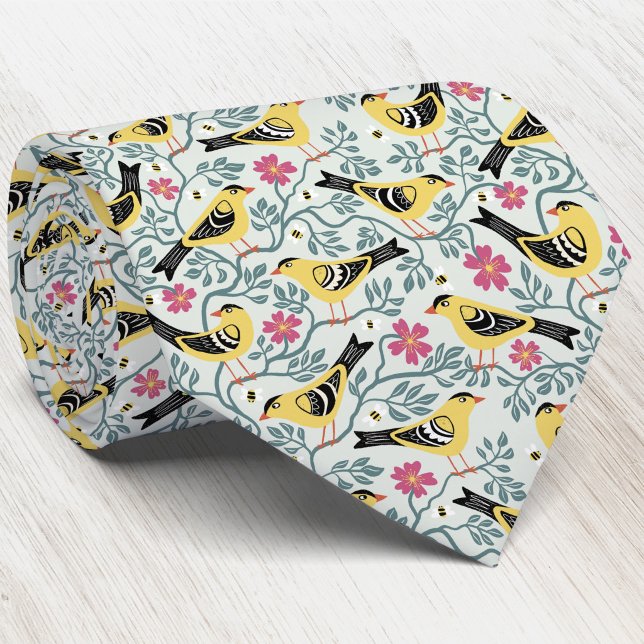 Corbata Jilguero y Flor de Rosa de Pradera (Willow goldfinch wild prairie rose Iowa state bird flower heritage inspired pattern neck tie)
