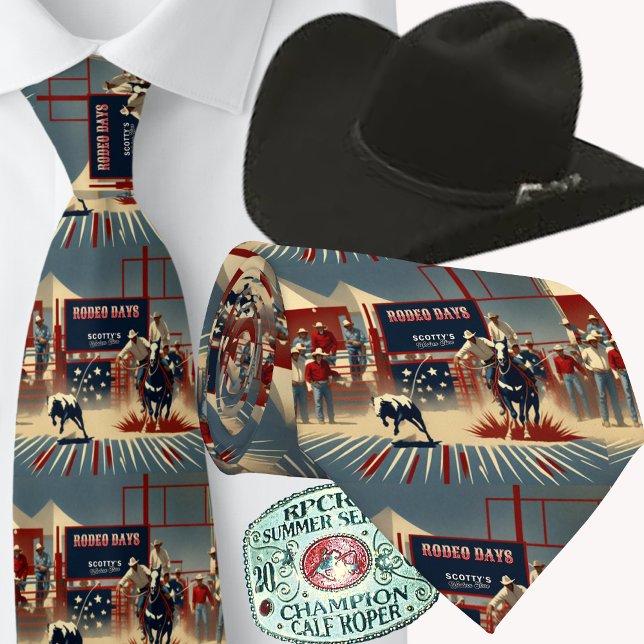 Corbata Jornadas de Rodeo de Rodeo de Cowboys (Western Rodeo Cowboy Calf Roping Print Men's Necktie)
