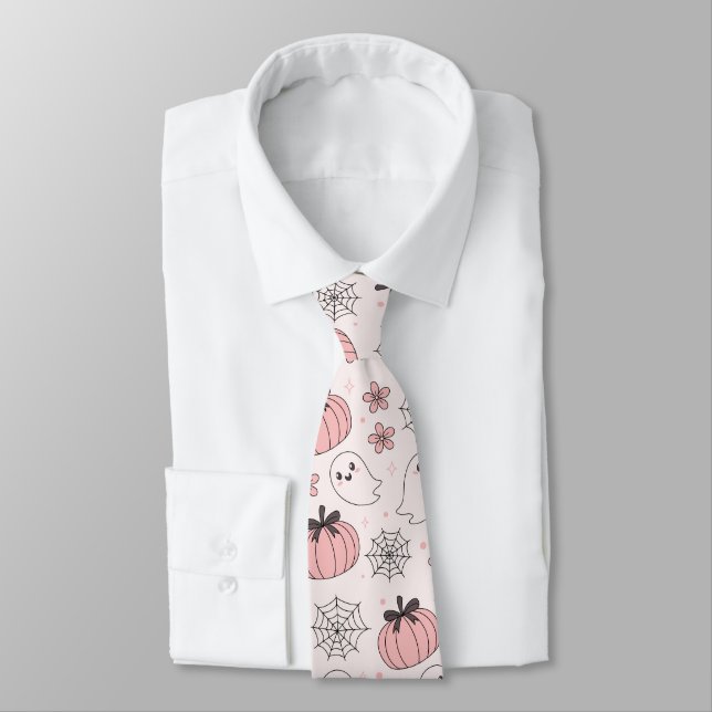 Corbata Kawaii Fantasma y Calabazas de Halloween Rosa (Atado)