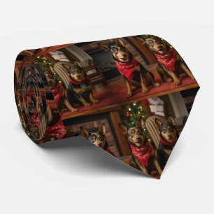 Corbata Kelpie australiano por los Navidades de la chimene